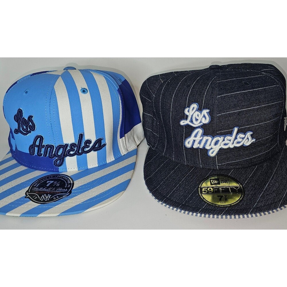 Lot of 2 LA Lakers NBA Basketball New Era 59Fifty Hat Sz 7 3/8 7/8 Mitchell Ness